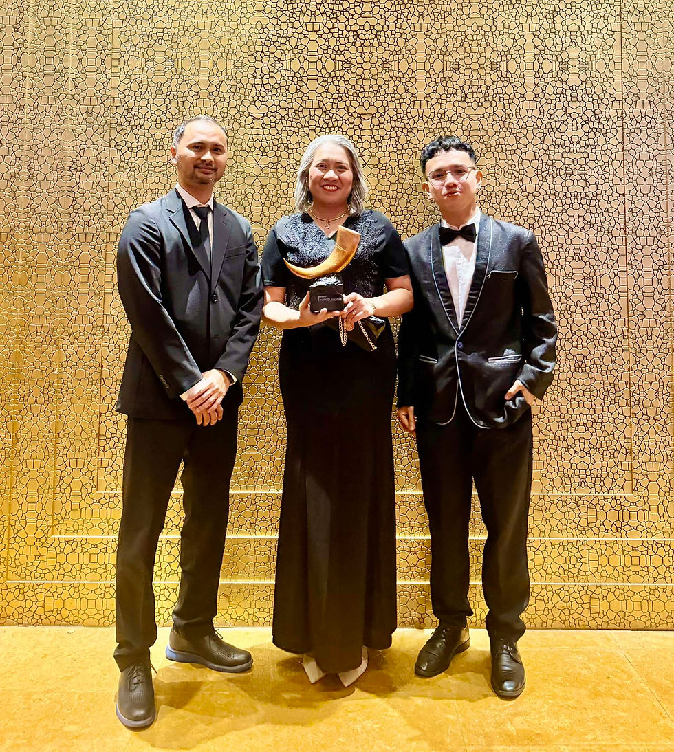 Visayan Electric OIC - President and General Manager Engr. Mark Kindica, Reputation Enhancement Head Quennie Bronce, and Community Relations Specialist Gell Mark Credo during the APAC Tambuli Awards 2025 at the Grand Hyatt Hotel Manila